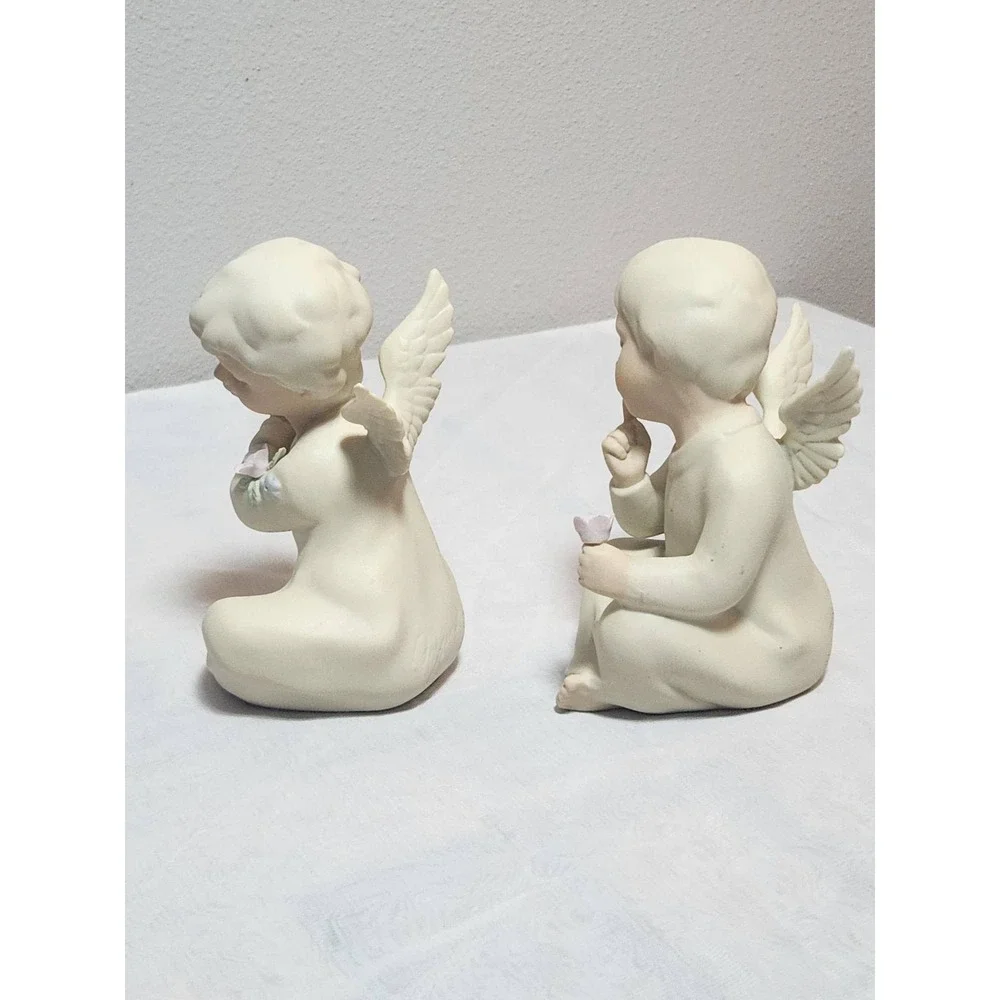 Vintage Bisque Porcelain Angel Cherub Figurines Set of 2 Cream Prayer Rose 4.5